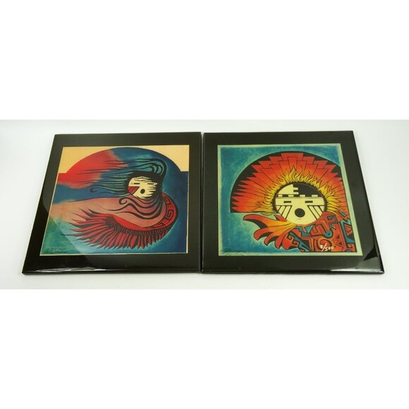 Gina Kuwamura Art Tiles Pair Singing Wind and Hopi Kachina Sunface 12x12in - Picture 2 of 13